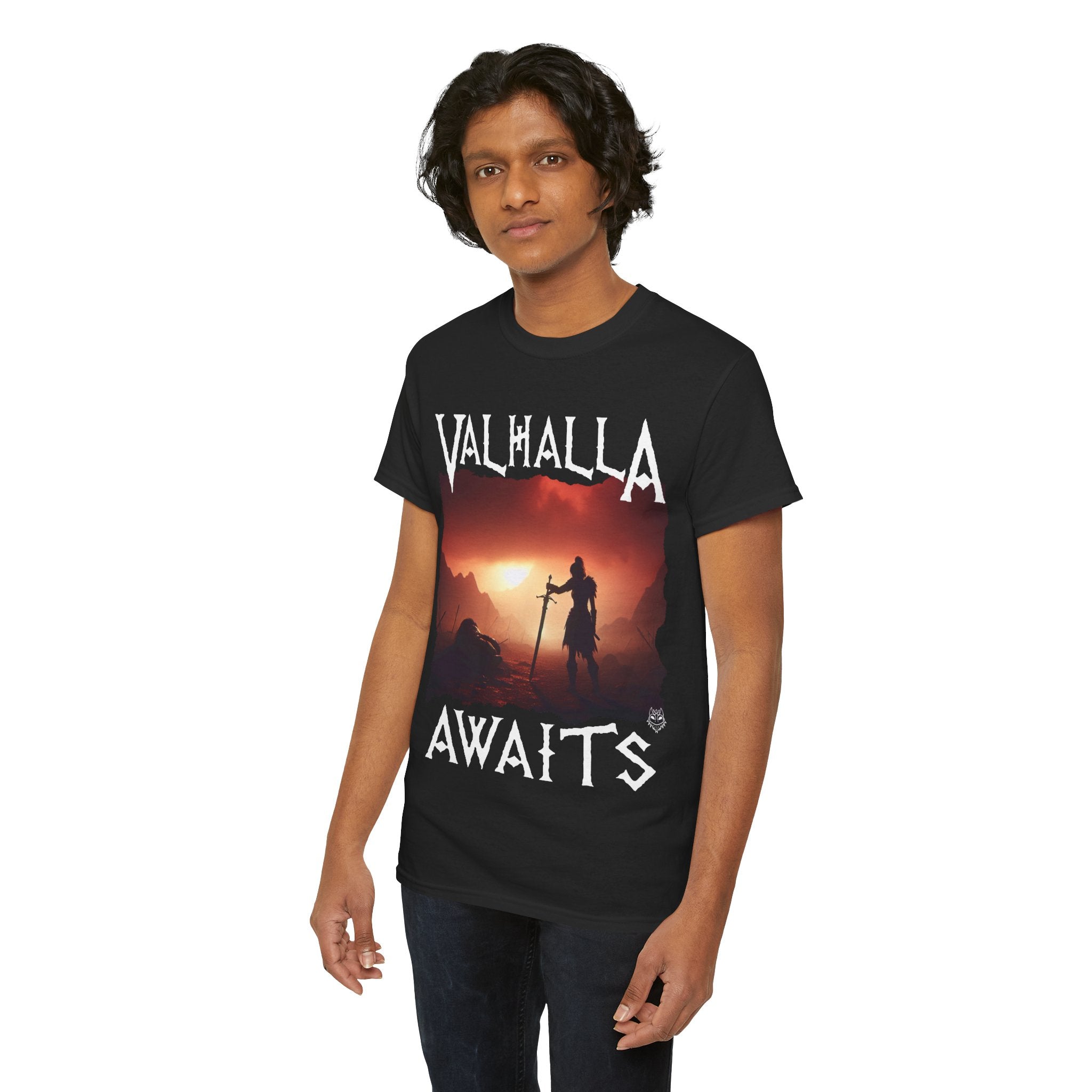 Valhalla Awaits Viking Graphic Tee — Norse Warrior Sunset T-Shirt