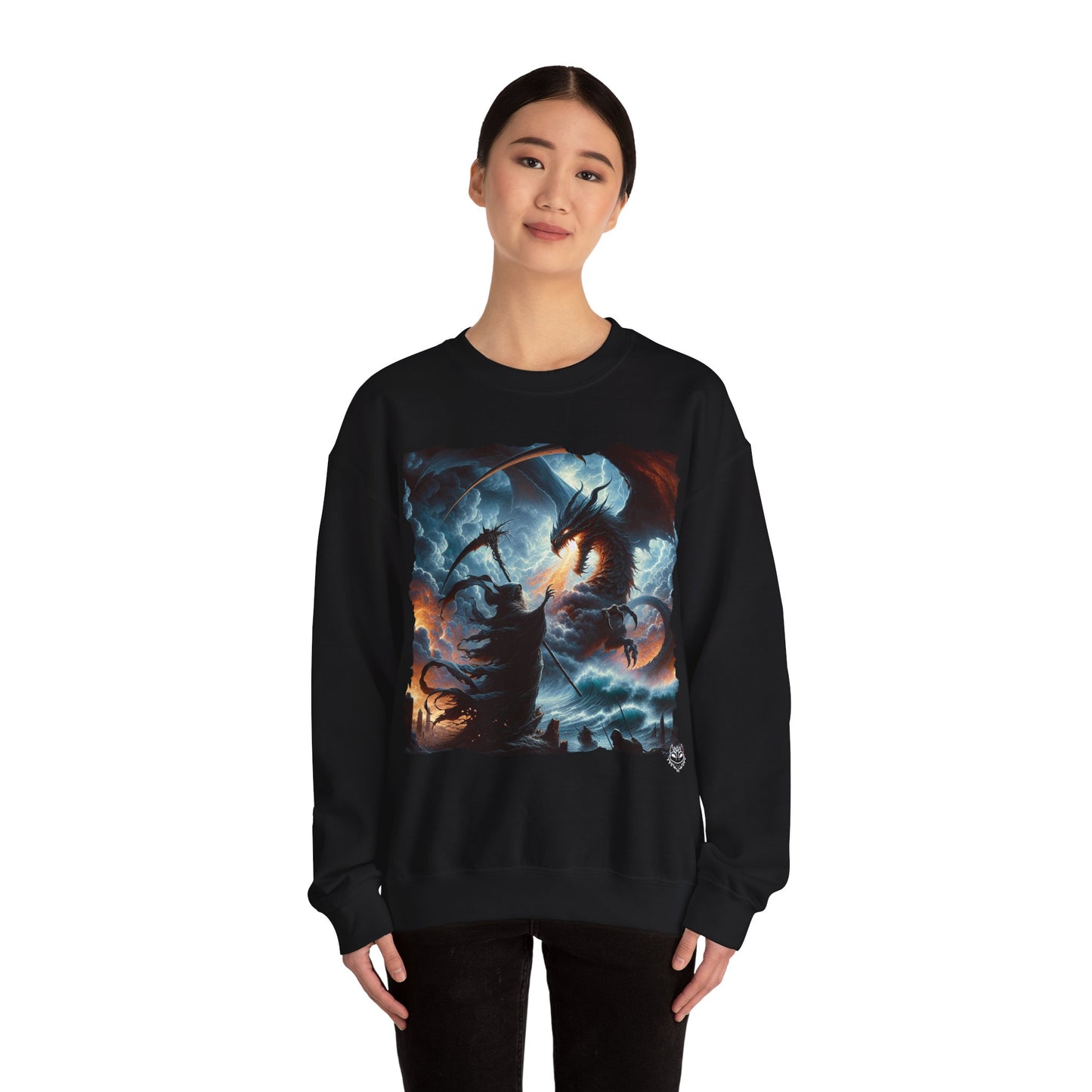 Epic Fantasy Dragon Battle Graphic Crewneck Sweatshirt —
