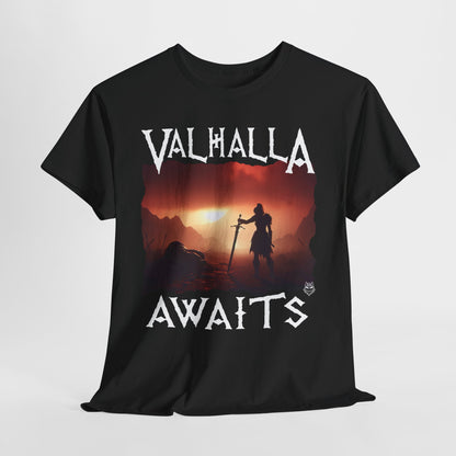 Valhalla Awaits Viking Graphic Tee — Norse Warrior Sunset T-Shirt