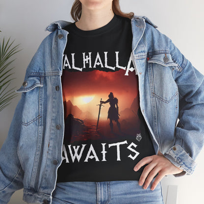 Valhalla Awaits Viking Graphic Tee — Norse Warrior Sunset T-Shirt