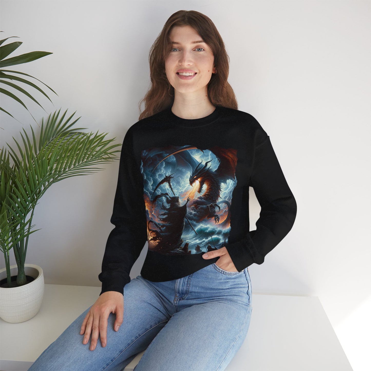 Epic Fantasy Dragon Battle Graphic Crewneck Sweatshirt —