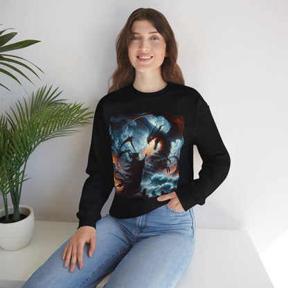 Epic Fantasy Dragon Battle Graphic Crewneck Sweatshirt —