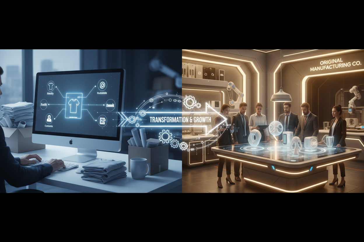 Create a picture that represents this sentence "Our product designs are, at the moment, a print on demand company. We  put our design on  products available from different Printing companies. We aim to change this." sized to w1248 x h1000