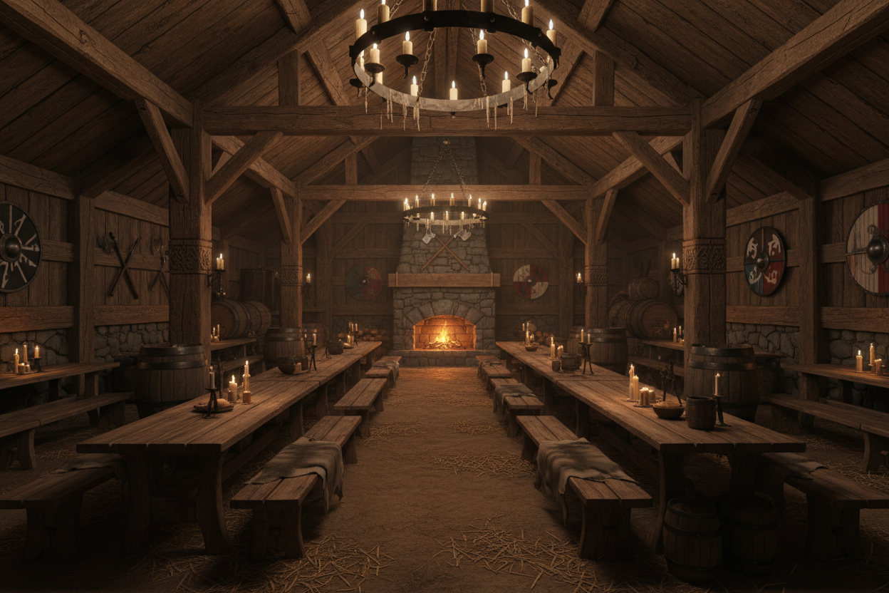 design the inside of an empty viking tavern for background use